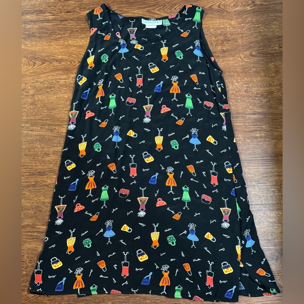 Vintage 1980s Concept Black Party A-Line Shift Dress Size Large 100% Rayon